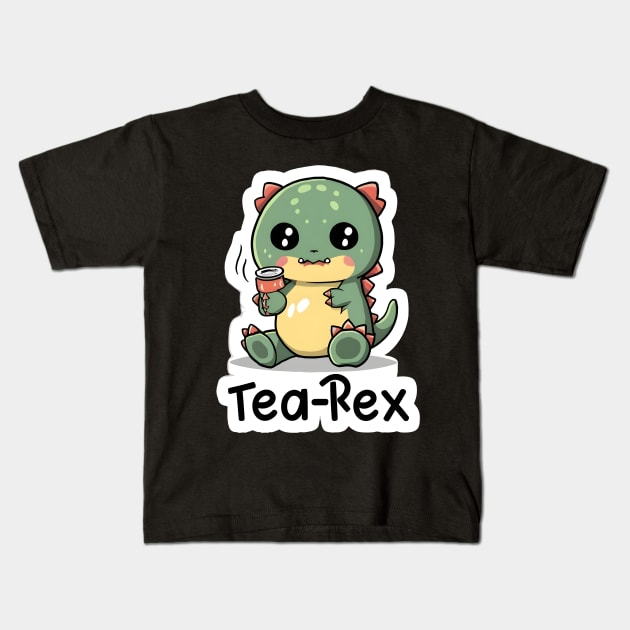 Cute trex having tea Kids T-Shirt by Spaceboyishere